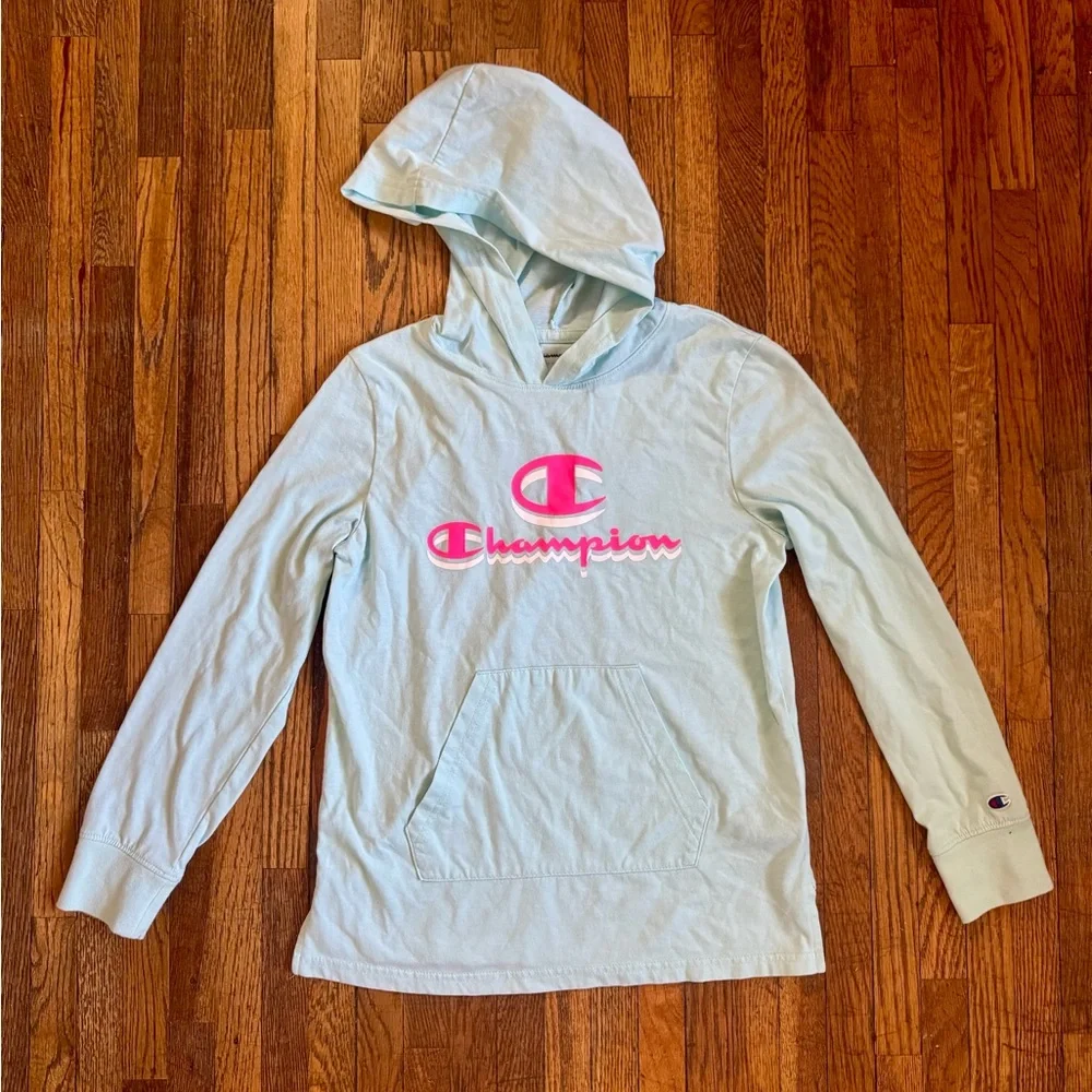 Champion Girls XL Hoodie Lightweight Long Sleeve Top – Light Blue with Pink Logo